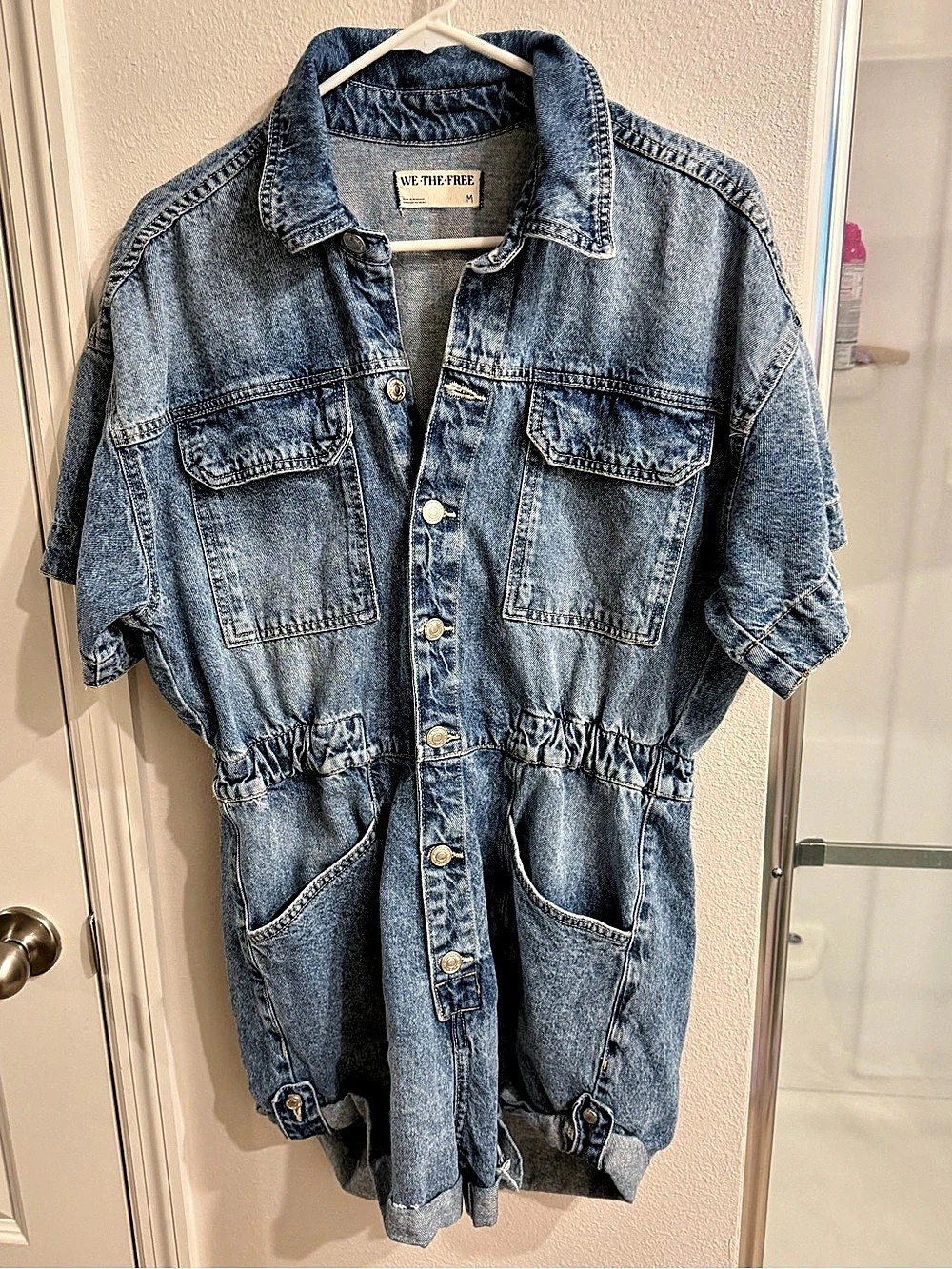 We The Free Marci Cuffed Shortall Denim Romper Blue Medium